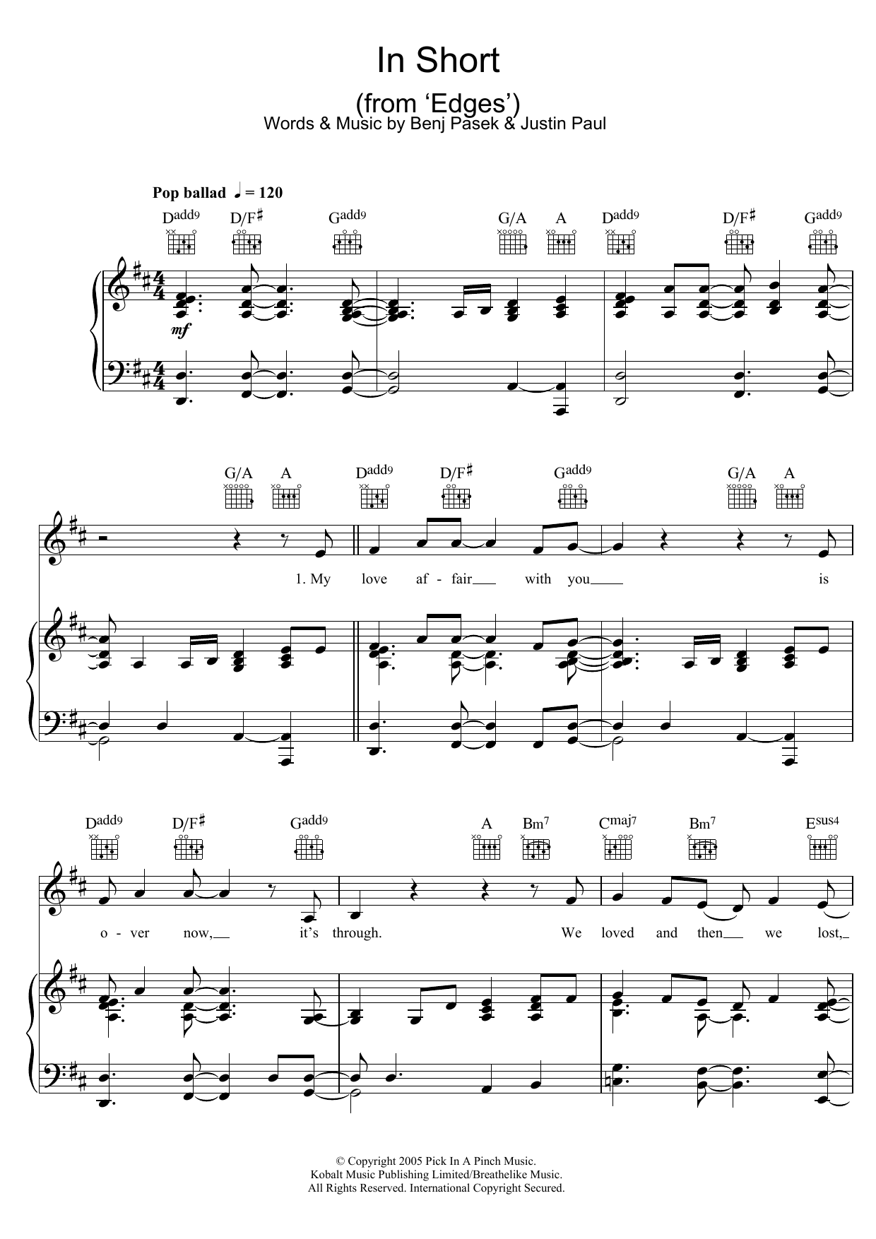 Pasek & Paul In Short (from Edges) sheet music, chords, lyrics - Printable PDF for Piano, Vocal & Guitar (Right-Hand Melody)