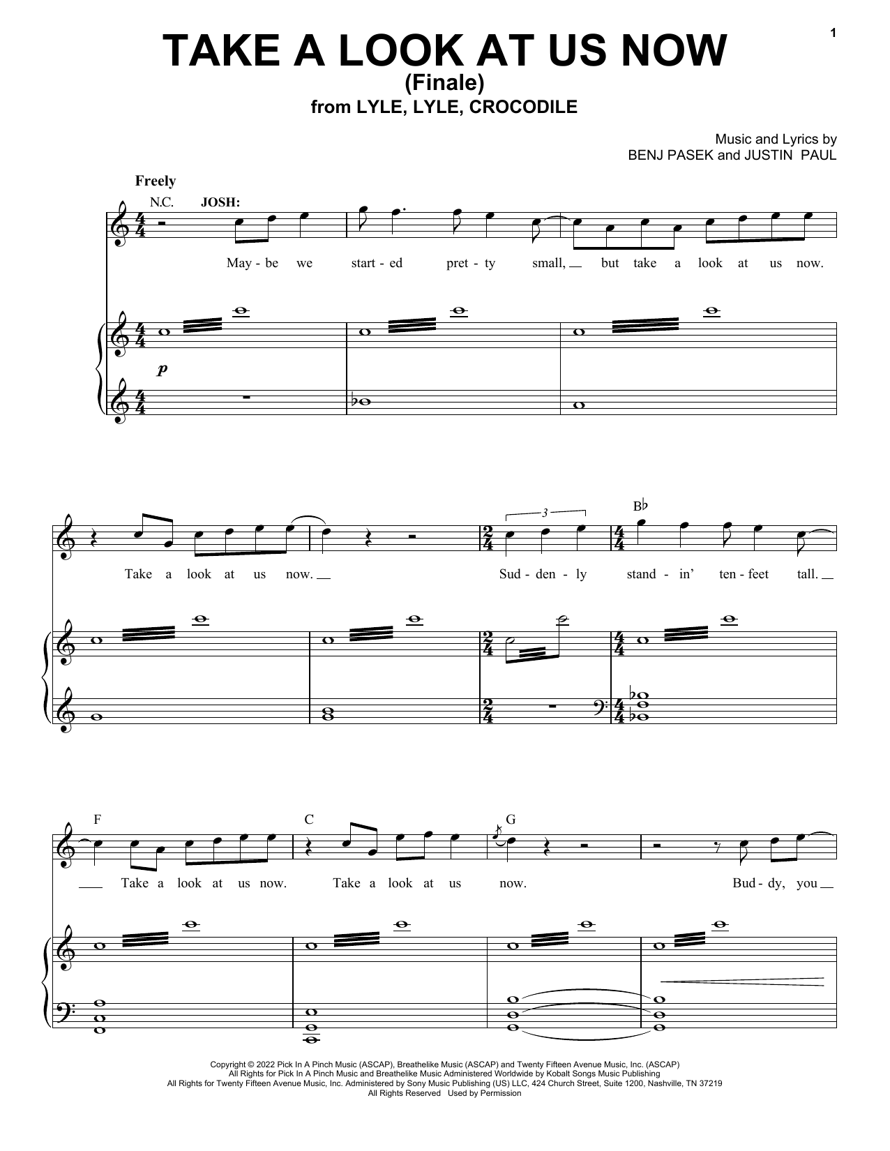Pasek & Paul Take A Look At Us Now (Finale) (from Lyle, Lyle, Crocodile) sheet music, chords, lyrics - Printable PDF for Piano, Vocal & Guitar Chords (Right-Hand Melody)