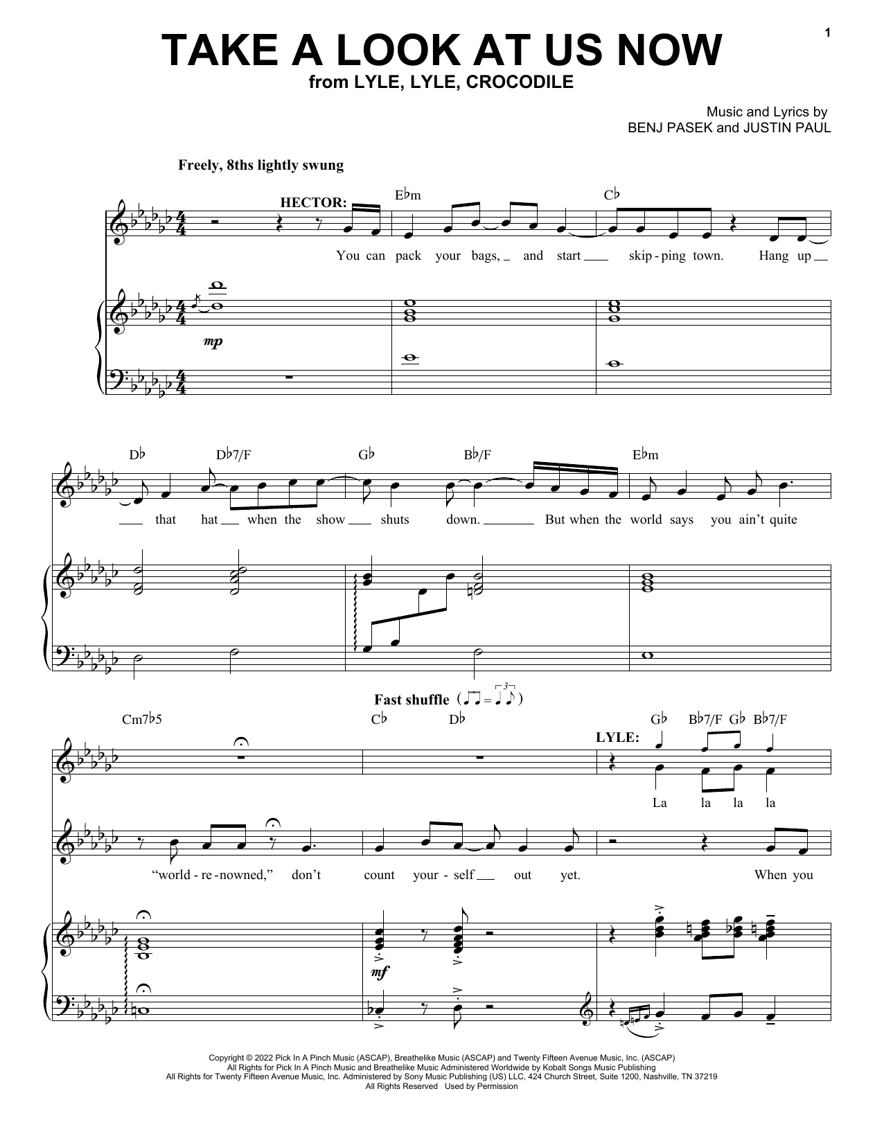 Pasek & Paul Take A Look At Us Now (from Lyle, Lyle, Crocodile) sheet music, chords, lyrics - Printable PDF for Piano, Vocal & Guitar Chords (Right-Hand Melody)