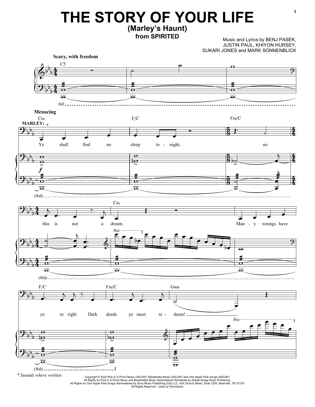 Pasek & Paul The Story Of Your Life (Marley's Haunt) (from Spirited) sheet music, chords, lyrics - Printable PDF for Piano & Vocal