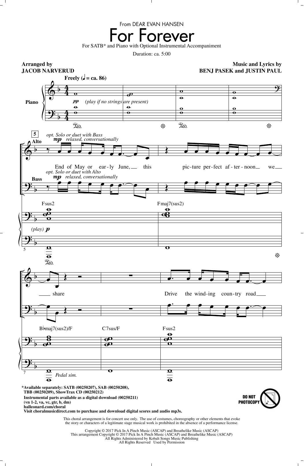 Jacob Narverud For Forever sheet music, chords, lyrics - Printable PDF for SATB