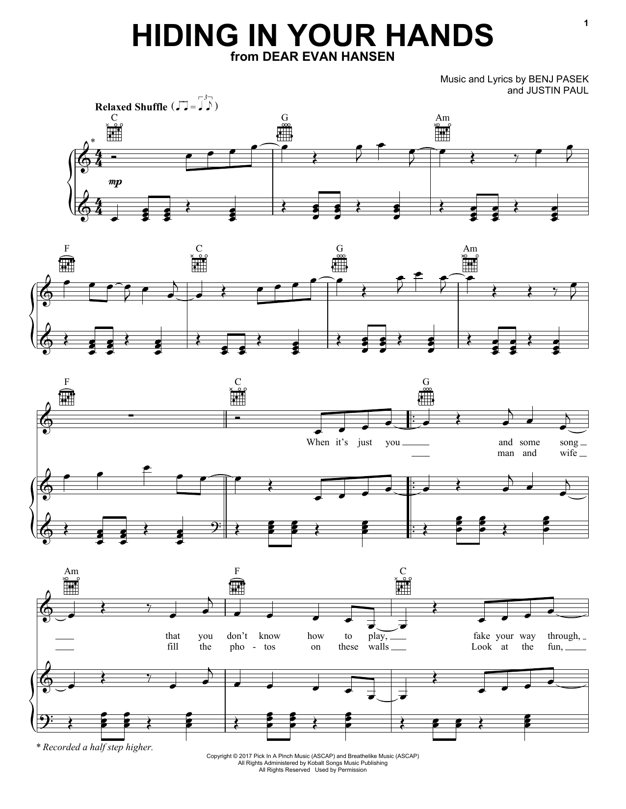 Pasek & Paul Hiding In Your Hands (from Dear Evan Hansen) sheet music preview music notes and score for Piano, Vocal & Guitar (Right-Hand Melody) including 7 page(s)