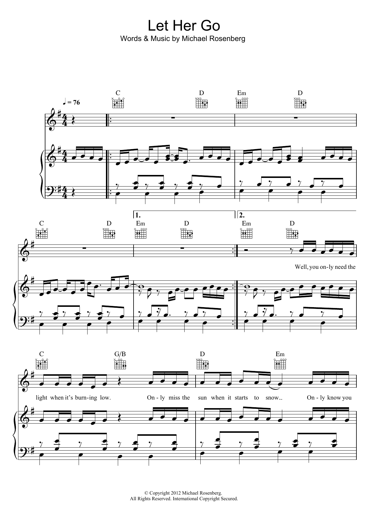 Passenger Let Her Go sheet music preview music notes and score for Really Easy Guitar including 2 page(s)