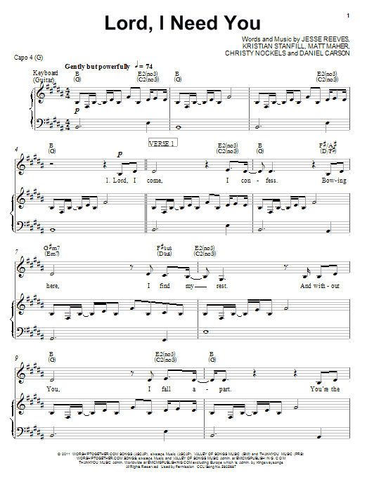 Chris Tomlin Lord, I Need You sheet music, chords, lyrics - Printable PDF for Piano, Vocal & Guitar (Right-Hand Melody)