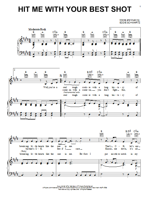 Download Pat Benatar Hit Me With Your Best Shot sheet music notes and chords for Piano, Vocal & Guitar (Right-Hand Melody) - Download Printable PDF and start playing in minutes.