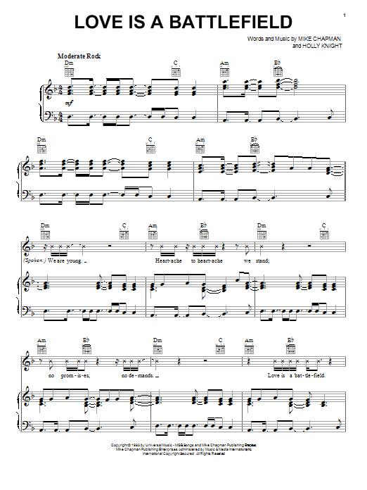 Pat Benatar Love Is A Battlefield sheet music preview music notes and score for Easy Piano including 3 page(s)