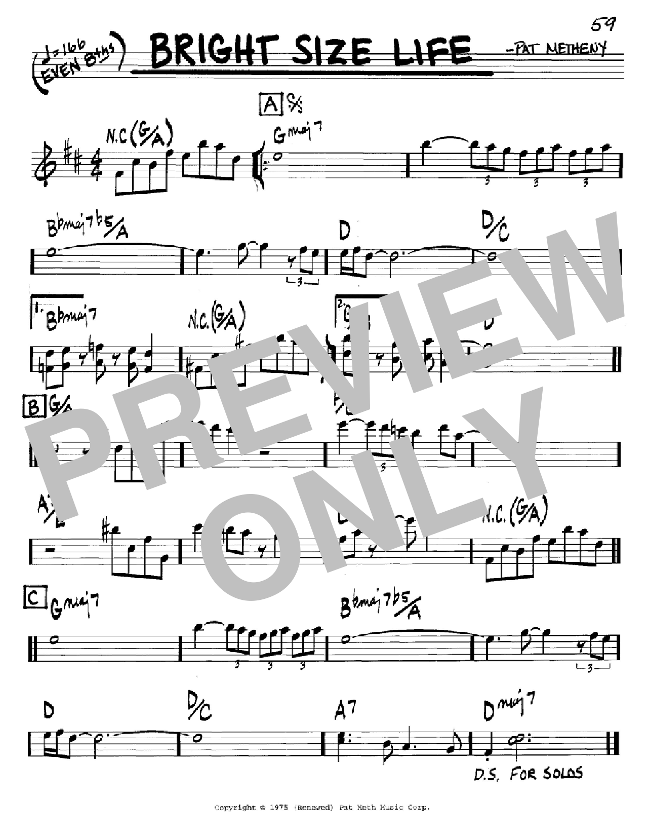 Learn to play Pat Metheny Bright Size Life sheet music for Real Book - Melody & Chords - Bb Instruments in minutes. Pat Metheny Bright Size Life sheet music preview music notes and score for Real Book - Melody & Chords - Bb Instruments including 1 page(s)