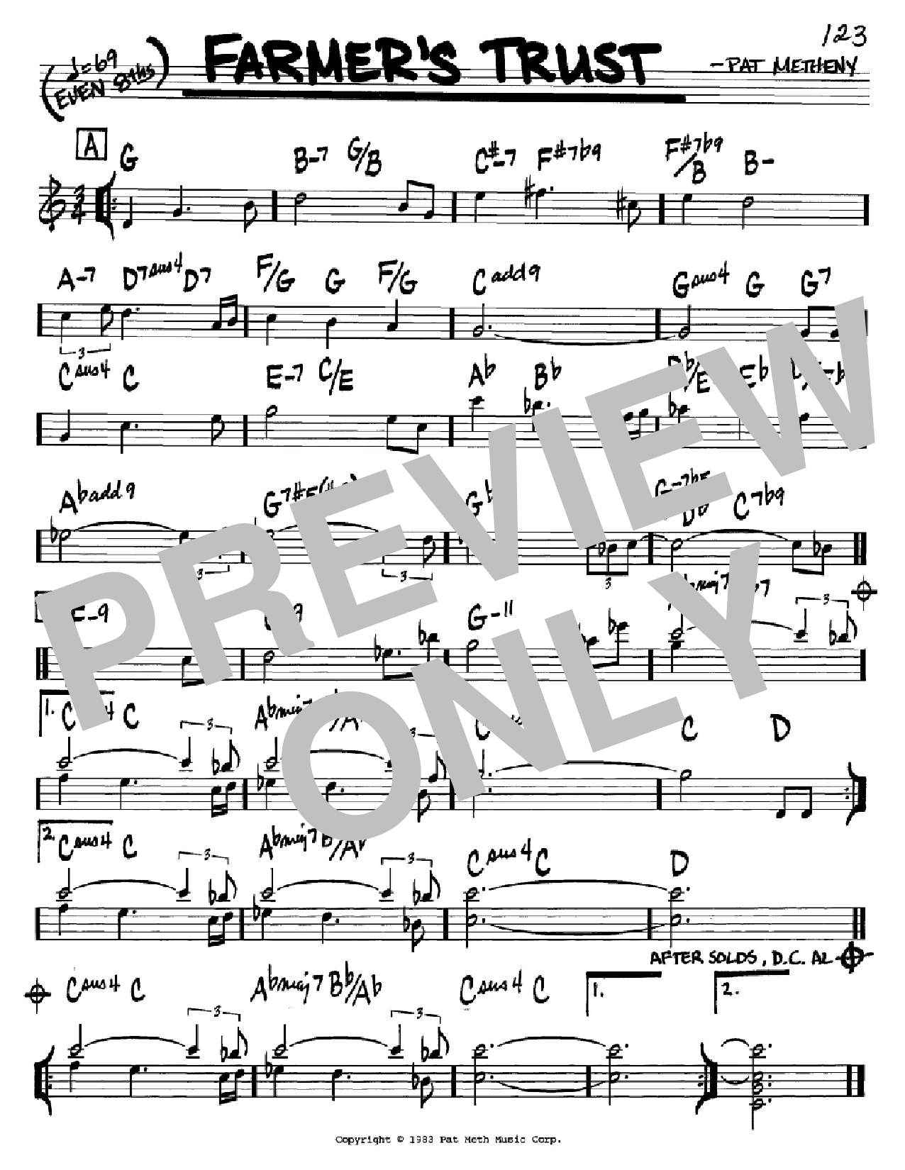 Learn to play Pat Metheny Farmer's Trust sheet music for Real Book - Melody & Chords - C Instruments in minutes. Pat Metheny Farmer's Trust sheet music preview music notes and score for Real Book - Melody & Chords - C Instruments including 1 page(s)