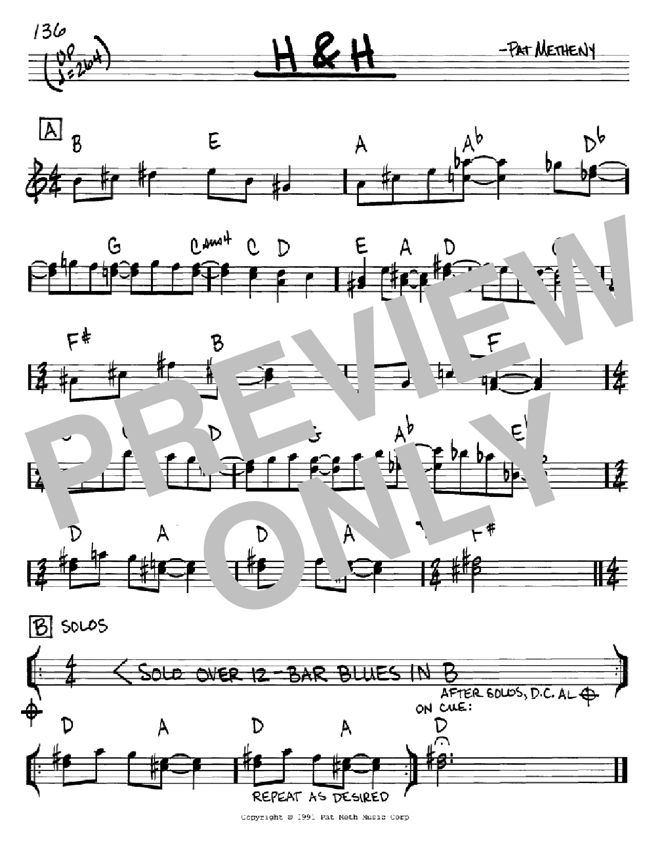 Pat Metheny H & H sheet music preview music notes and score for Real Book - Melody & Chords - C Instruments including 1 page(s)