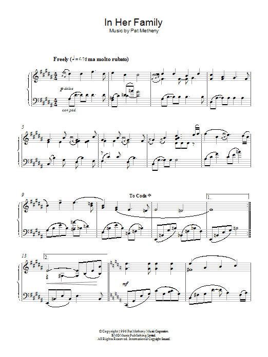 Learn to play Pat Metheny In Her Family sheet music for Real Book - Melody & Chords - C Instruments in minutes. Pat Metheny In Her Family sheet music preview music notes and score for Real Book - Melody & Chords - C Instruments including 1 page(s)