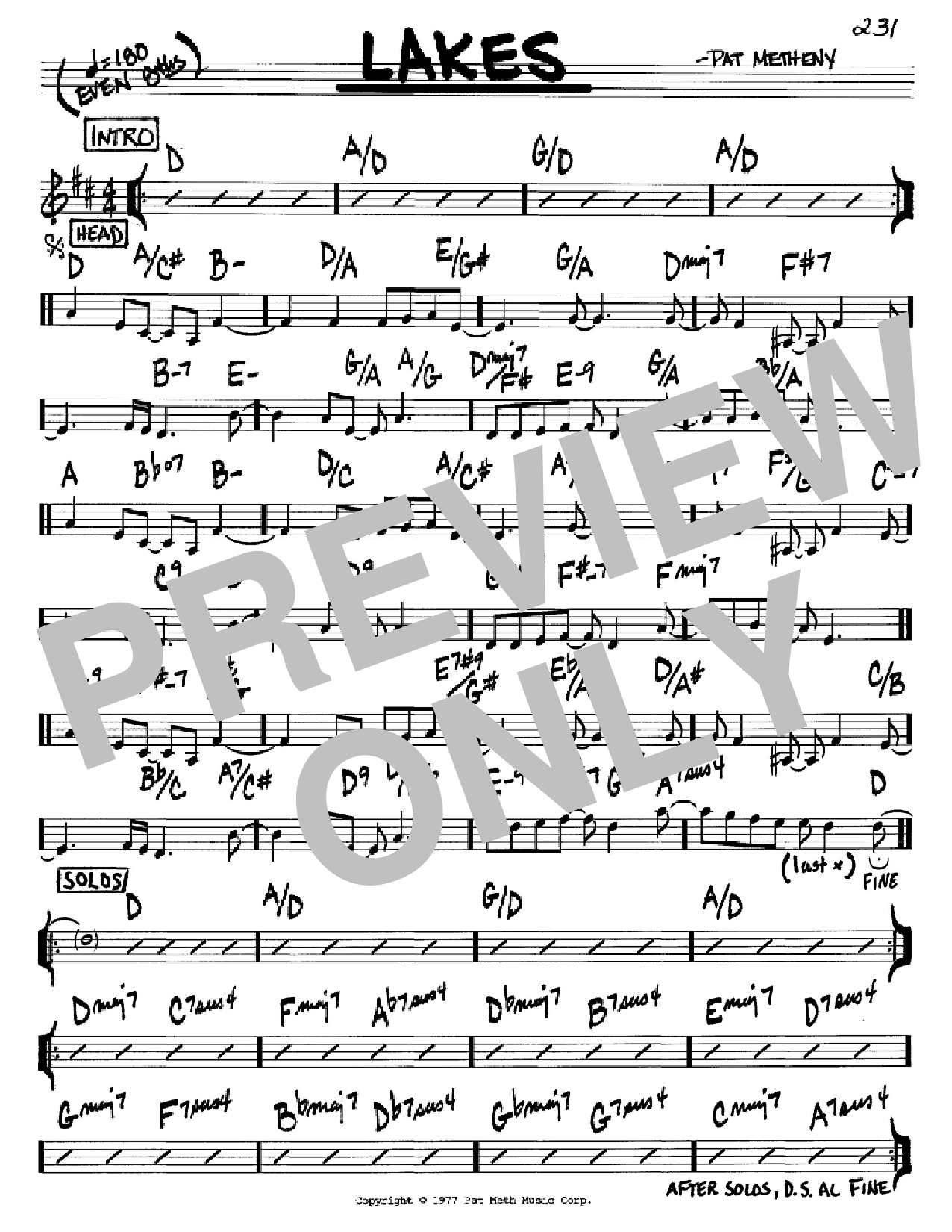 Pat Metheny Lakes sheet music preview music notes and score for Real Book - Melody & Chords - C Instruments including 1 page(s)