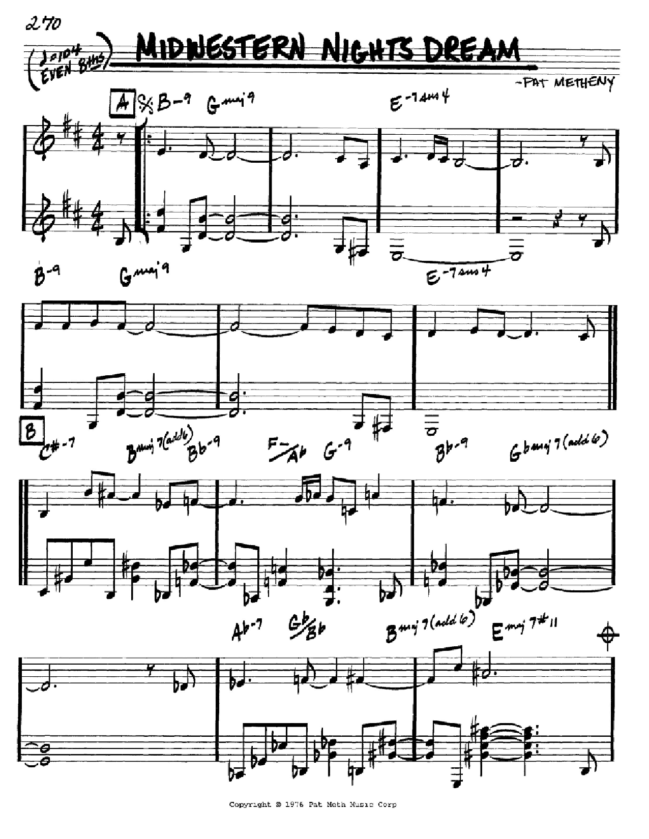 Learn to play Pat Metheny Midwestern Nights Dream sheet music for Real Book - Melody & Chords - Bass Clef Instruments in minutes. Pat Metheny Midwestern Nights Dream sheet music preview music notes and score for Real Book - Melody & Chords - Bass Clef Instruments including 2 page(s)