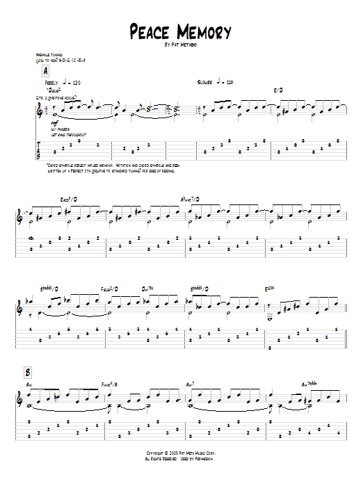 Learn to play Pat Metheny Peace Memory sheet music for Guitar Tab in minutes. Pat Metheny Peace Memory sheet music preview music notes and score for Guitar Tab including 8 page(s)