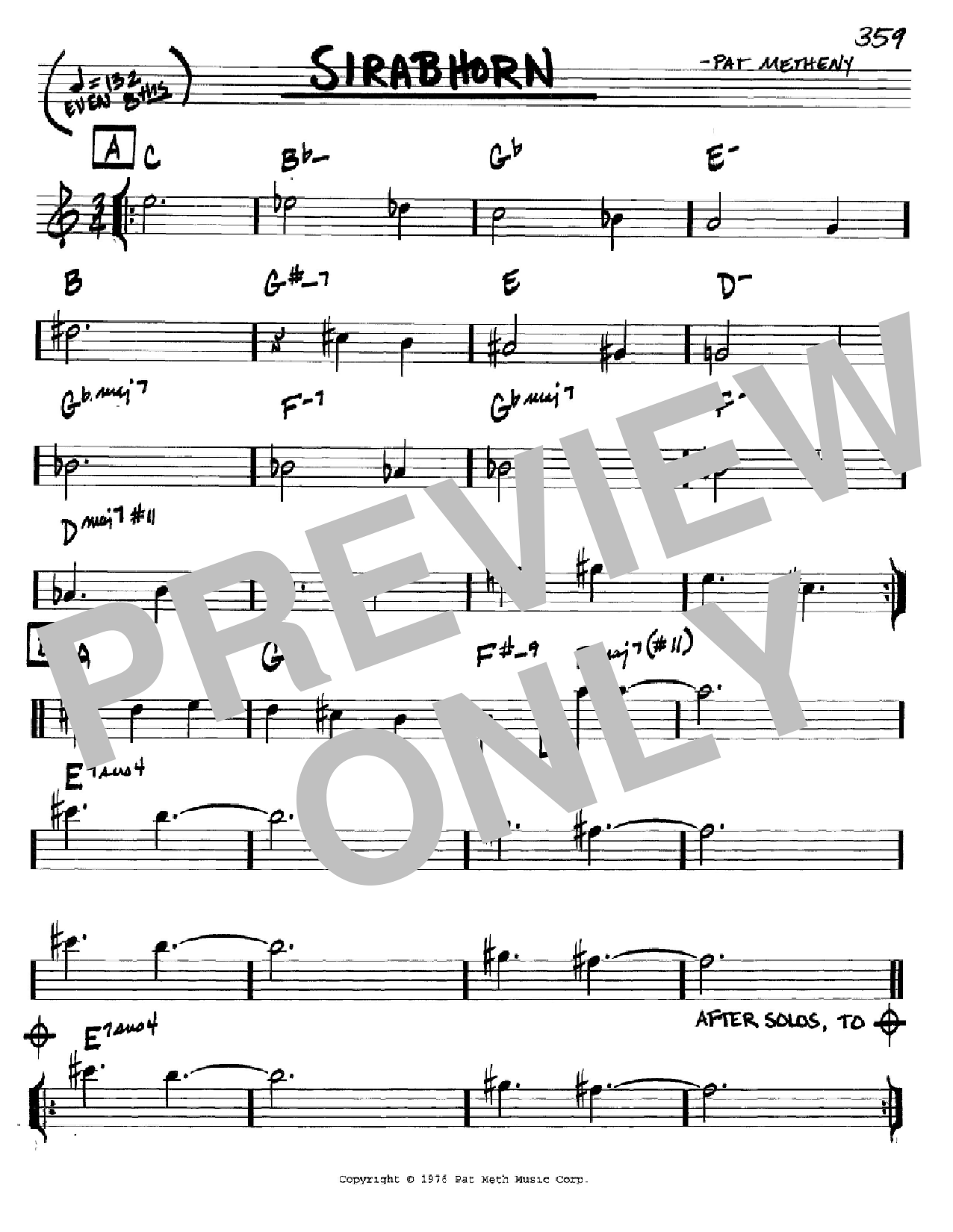 Learn to play Pat Metheny Sirabhorn sheet music for Real Book - Melody & Chords - Bb Instruments in minutes. Pat Metheny Sirabhorn sheet music preview music notes and score for Real Book - Melody & Chords - Bb Instruments including 1 page(s)