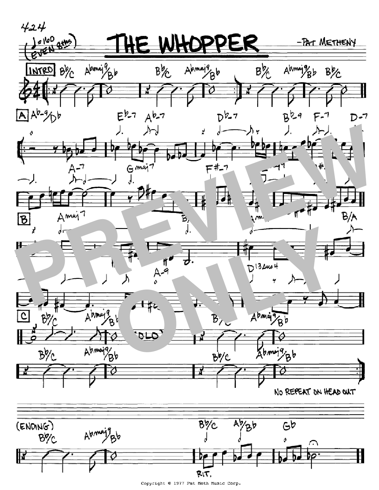 Pat Metheny The Whopper sheet music preview music notes and score for Real Book - Melody & Chords - C Instruments including 1 page(s)