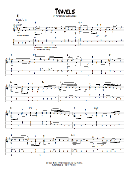 Learn to play Pat Metheny Travels sheet music for Guitar Tab in minutes. Pat Metheny Travels sheet music preview music notes and score for Guitar Tab including 7 page(s)