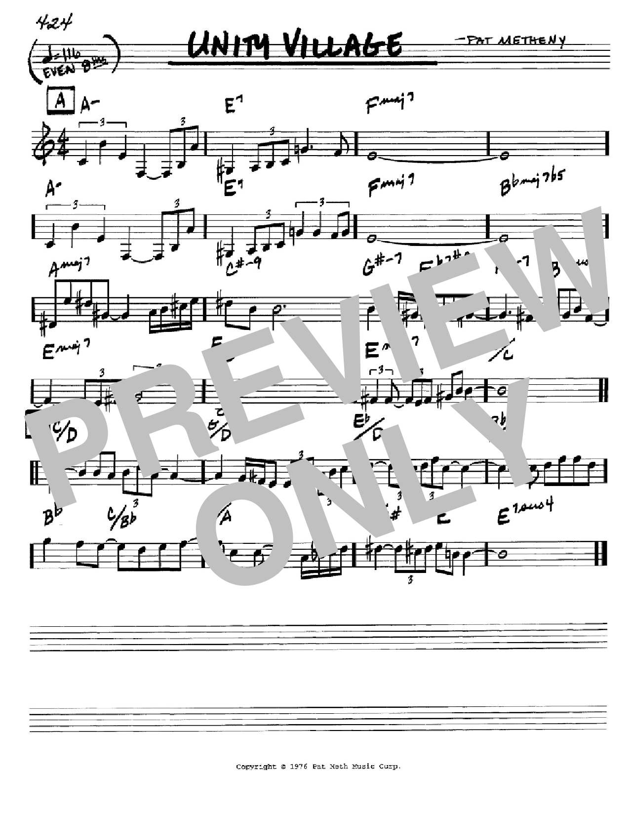 Pat Metheny Unity Village sheet music preview music notes and score for Real Book - Melody & Chords - Eb Instruments including 1 page(s)