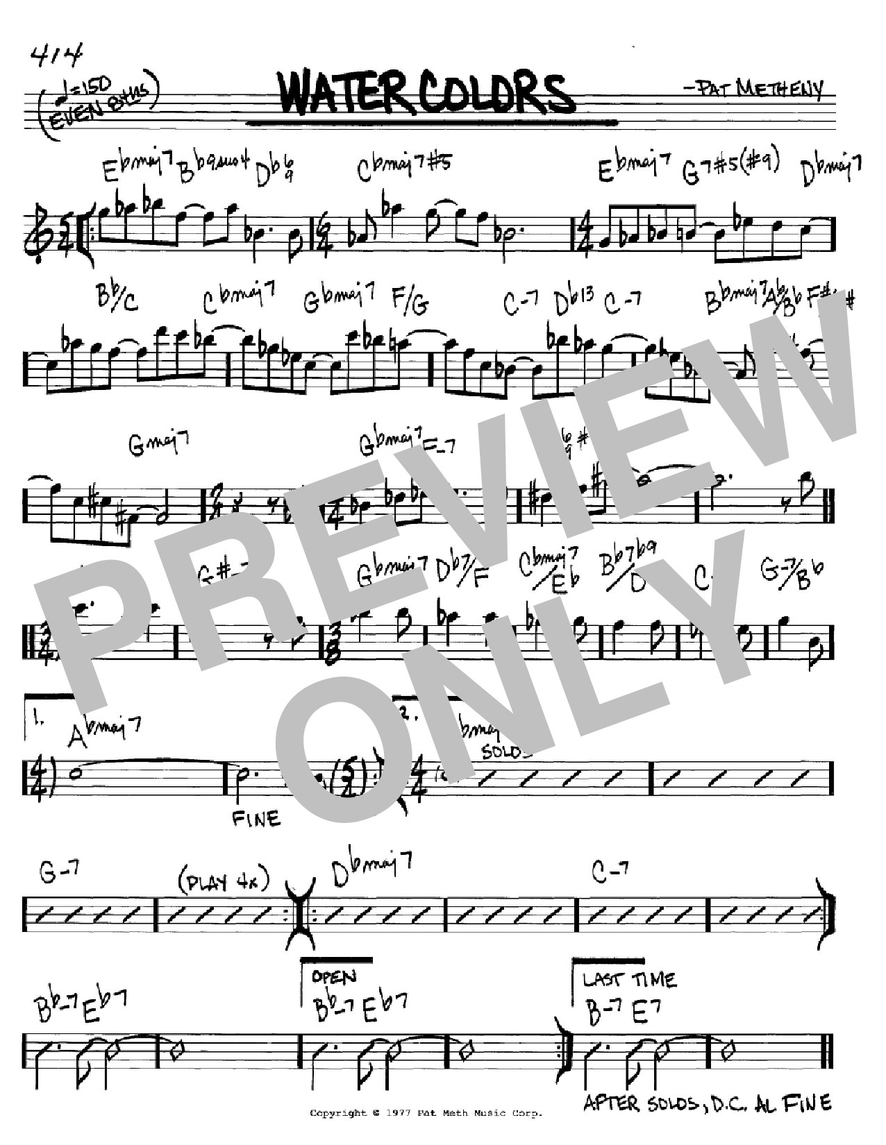 Pat Metheny Watercolors sheet music preview music notes and score for Real Book - Melody & Chords - C Instruments including 1 page(s)