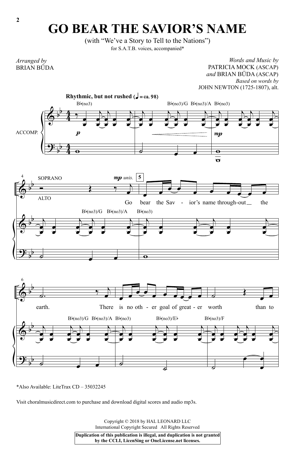 Patricia Mock & Brian Buda Go Bear The Savior's Name (With We've A Story To Tell) (arr. Brian Buda) sheet music, chords, lyrics - Printable PDF for SATB Choir