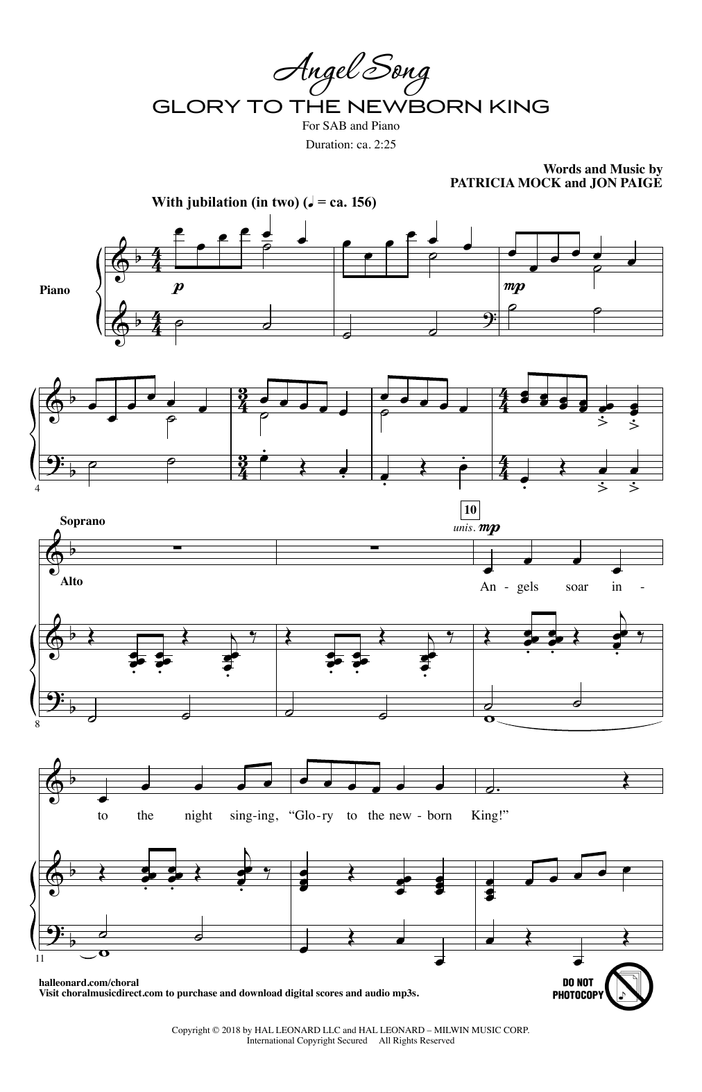 Patricia Mock Angel Song (Glory To The Newborn King) sheet music, chords, lyrics - Printable PDF for SAB