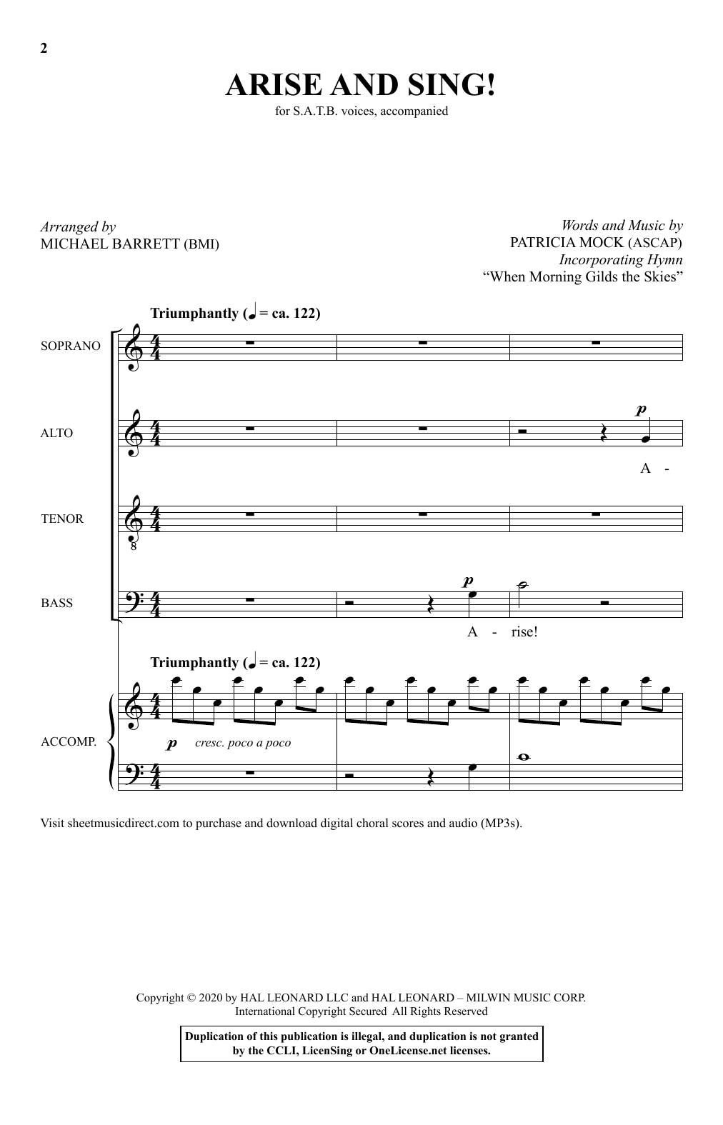 Learn to play Patricia Mock Arise And Sing (arr. Michael Barrett) sheet music for SATB Choir in minutes. Patricia Mock Arise And Sing (arr. Michael Barrett) sheet music preview music notes and score for SATB Choir including 11 page(s)
