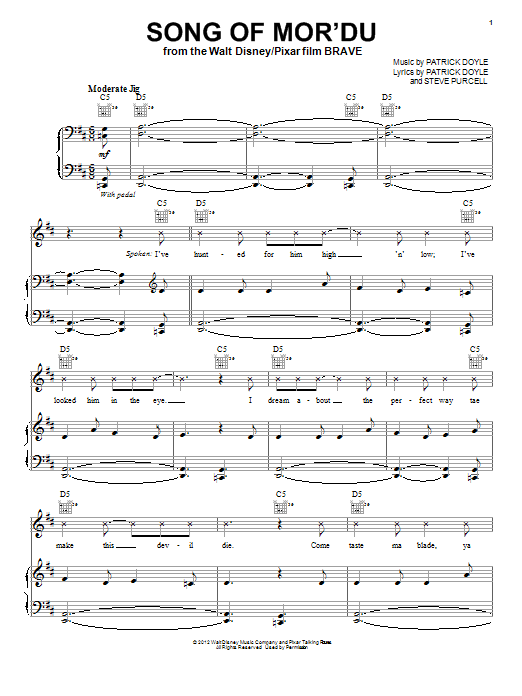 Learn to play Patrick Doyle Song Of Mor'Du sheet music for Piano, Vocal & Guitar (Right-Hand Melody) in minutes. Patrick Doyle Song Of Mor'Du sheet music preview music notes and score for Piano, Vocal & Guitar (Right-Hand Melody) including 5 page(s)