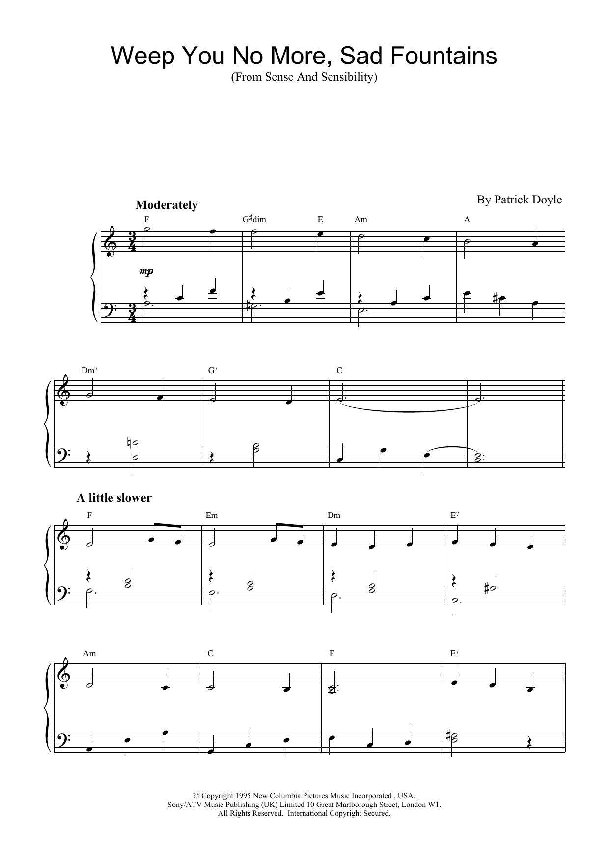 Patrick Doyle Weep You No More, Sad Fountains (from Sense And Sensibility) sheet music preview music notes and score for Piano including 3 page(s)