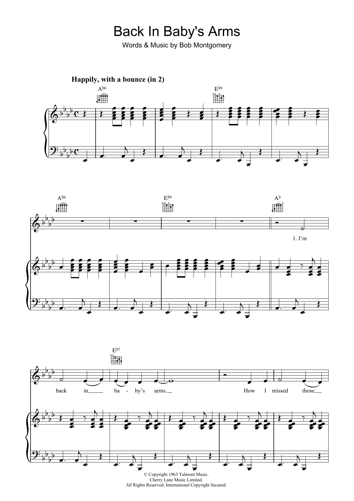 Patsy Cline Back In Baby's Arms sheet music preview music notes and score for Piano, Vocal & Guitar including 7 page(s)