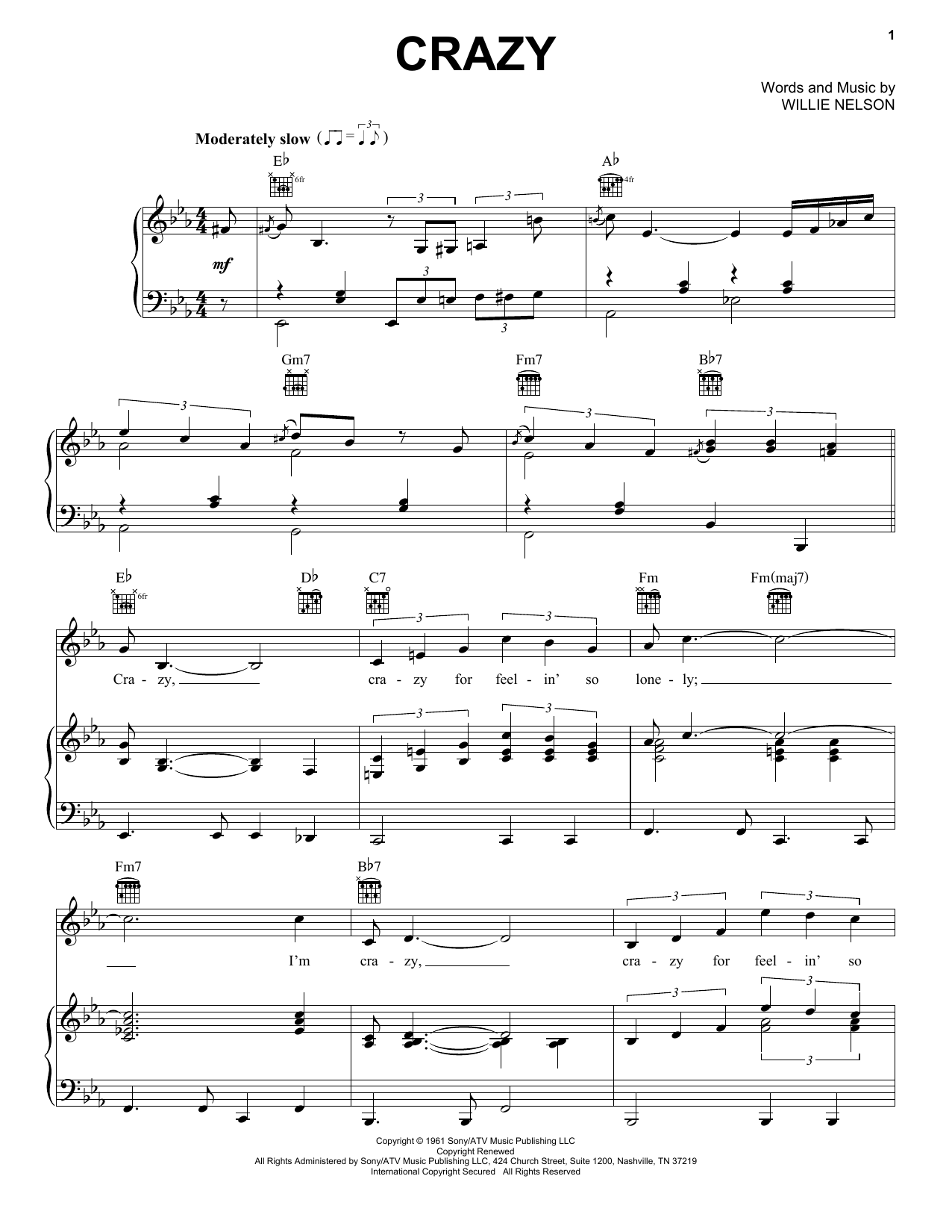 Learn to play Patsy Cline Crazy sheet music for Piano, Vocal & Guitar (Right-Hand Melody) in minutes. Patsy Cline Crazy sheet music preview music notes and score for Piano, Vocal & Guitar (Right-Hand Melody) including 3 page(s)