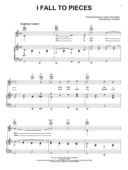 Patsy Cline I Fall To Pieces sheet music preview music notes and score for Lyrics & Chords including 2 page(s)