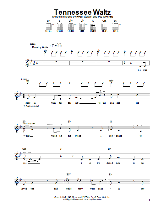 Patti Page Tennessee Waltz sheet music preview music notes and score for Piano, Vocal & Guitar (Right-Hand Melody) including 3 page(s)