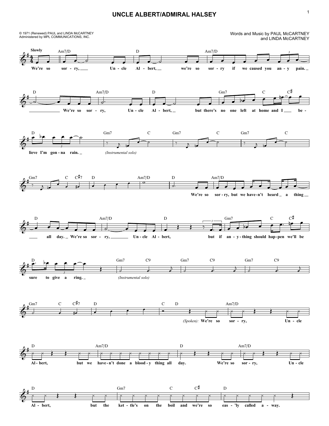 Paul & Linda McCartney Uncle Albert/Admiral Halsey sheet music, chords, lyrics - Printable PDF for Easy Guitar