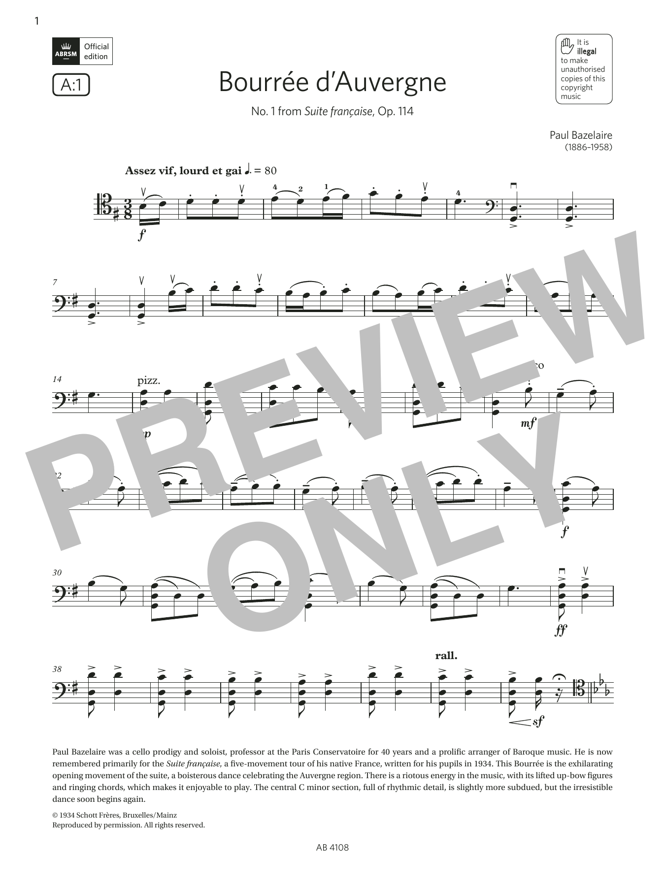 Paul Bazelaire Bourée d'Auvergne (Grade 5, A1, from the ABRSM Cello Syllabus from 2024) sheet music, chords, lyrics - Printable PDF for Cello Solo