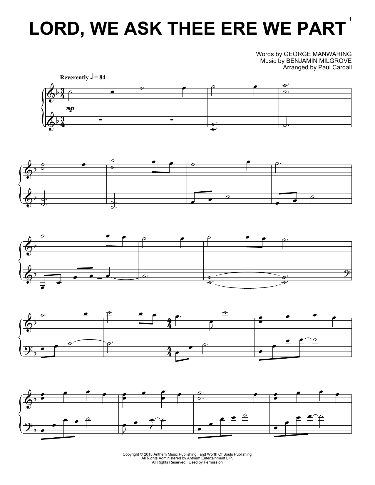 Paul Cardall Lord, We Ask Thee Ere We Part sheet music, chords, lyrics - Printable PDF for Piano Solo