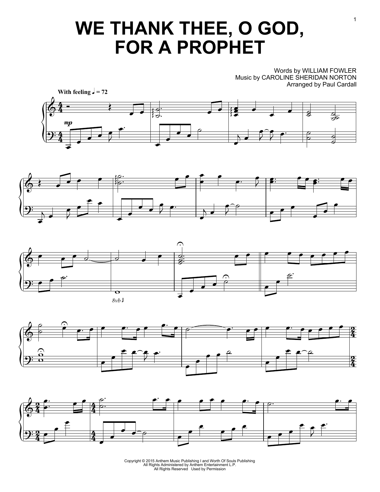 Paul Cardall We Thank Thee, O God, For A Prophet sheet music, chords, lyrics - Printable PDF for Piano Solo