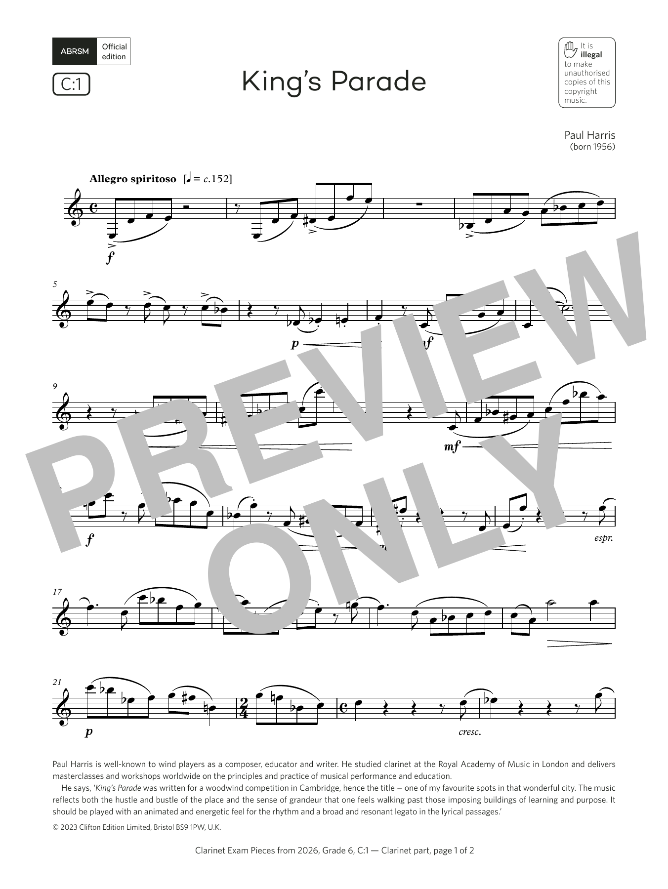 Paul Harris King's Parade (Grade 6, list C1, from the ABRSM Clarinet Syllabus from 2026) sheet music, chords, lyrics - Printable PDF for Clarinet Solo