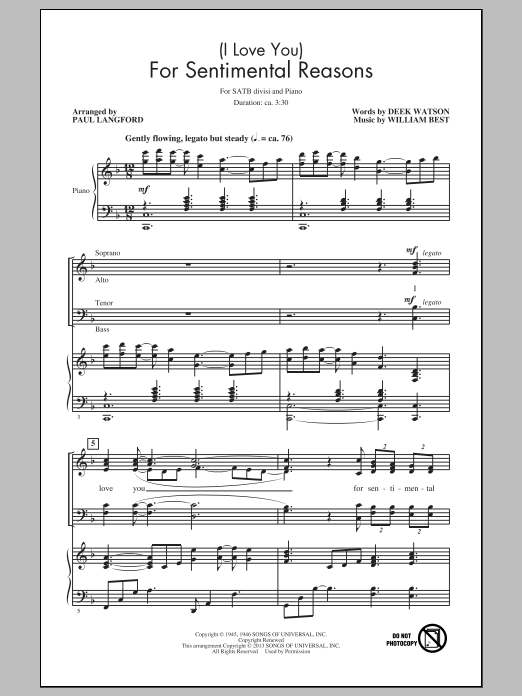 Nat King Cole (I Love You) For Sentimental Reasons (arr. Paul Langford) sheet music, chords, lyrics - Printable PDF for SATB