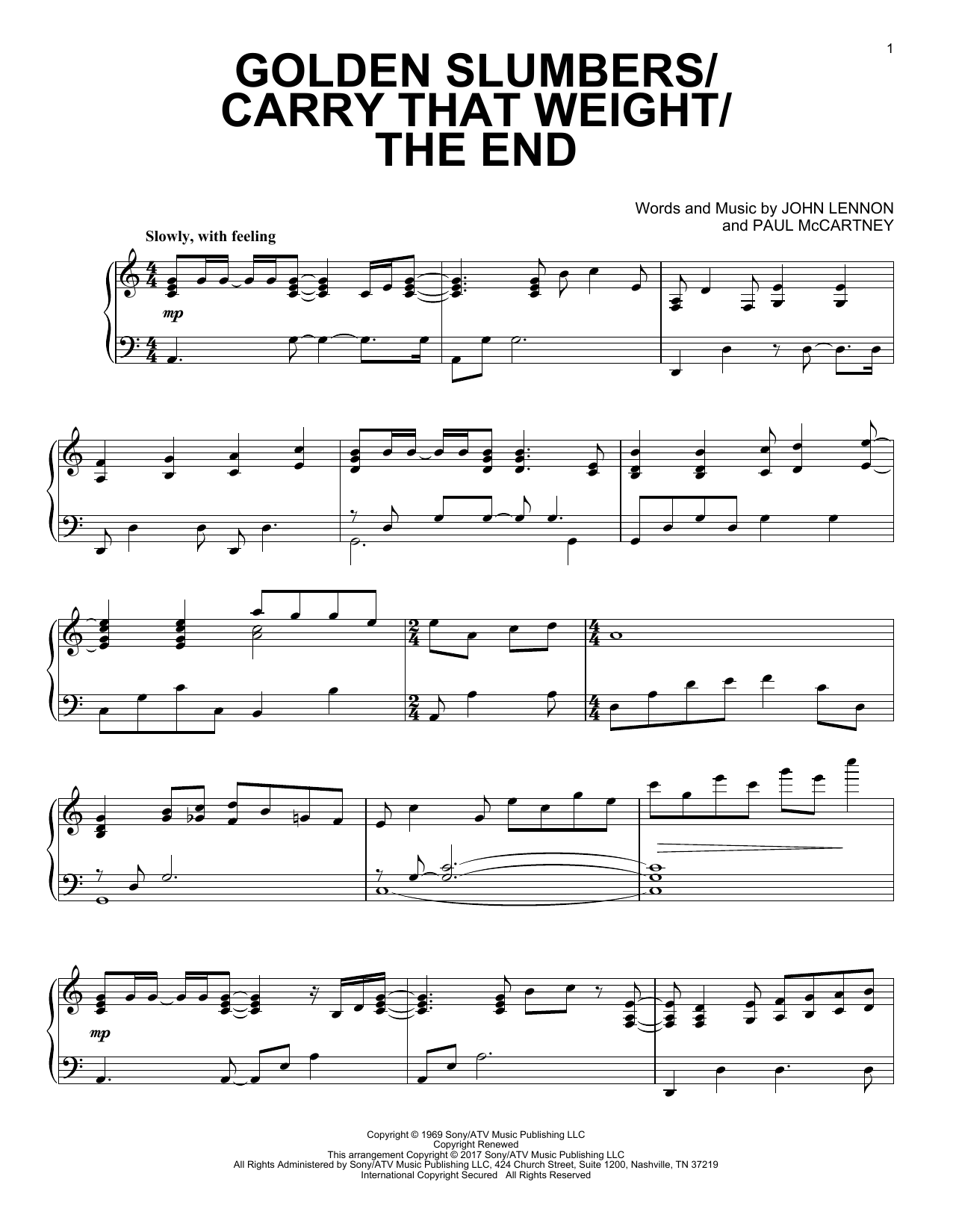 Paul McCartney Golden Slumbers/Carry That Weight/The End sheet music, chords, lyrics - Printable PDF for Piano