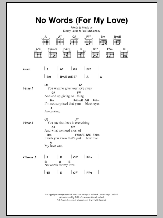 Paul McCartney & Wings No Words (For My Love) sheet music, chords, lyrics - Printable PDF for Lyrics & Chords