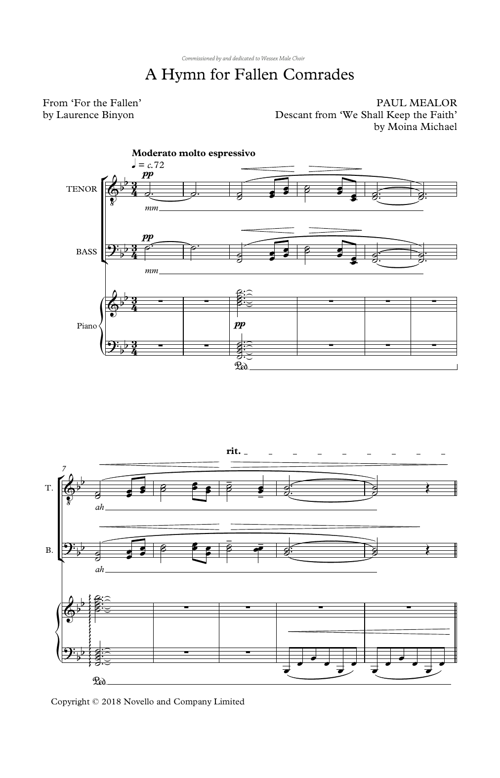 Paul Mealor A Hymn For Fallen Comrades sheet music, chords, lyrics - Printable PDF for TTBB Choir