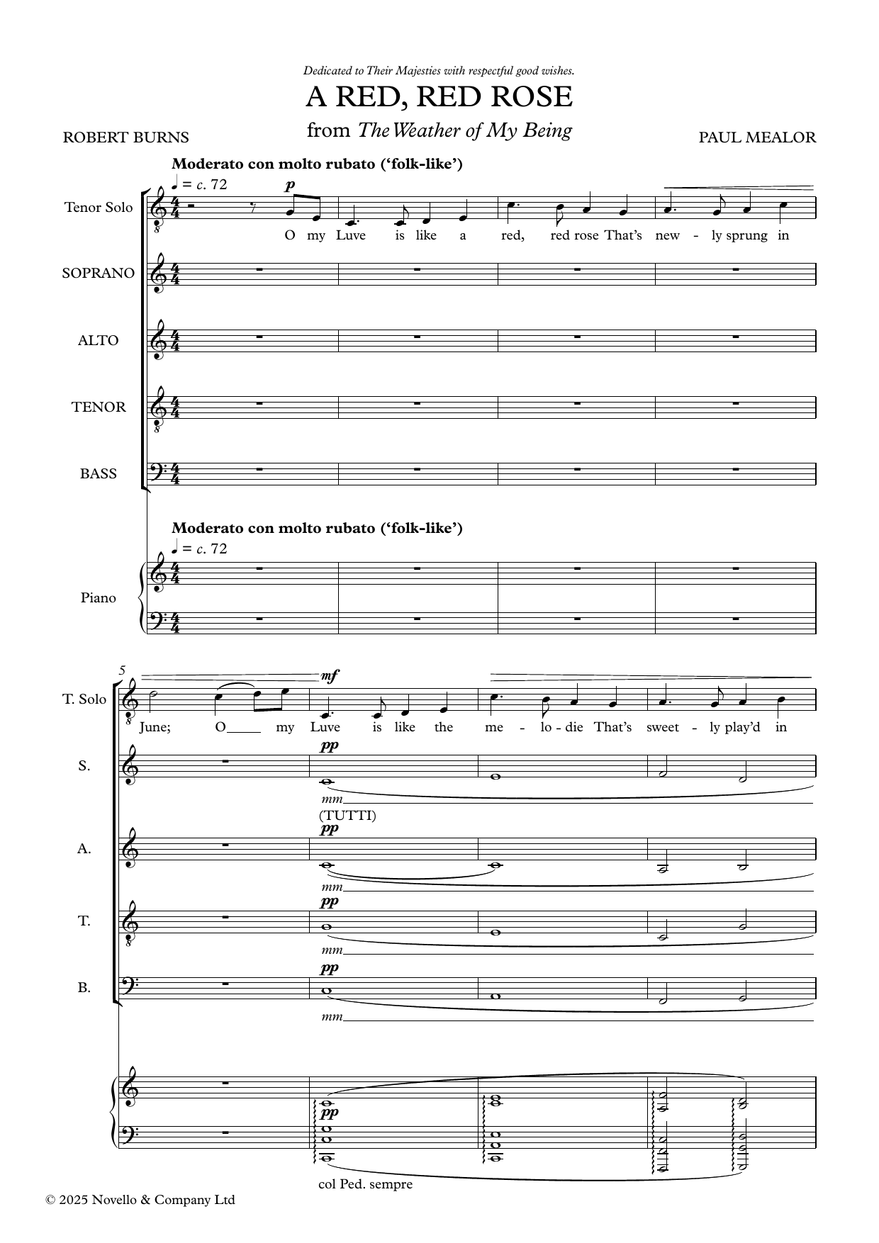 Paul Mealor A Red, Red Rose sheet music, chords, lyrics - Printable PDF for SATB Choir