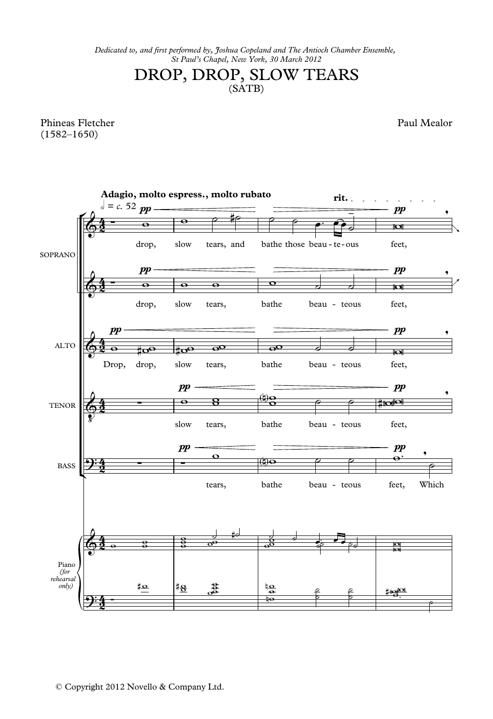 Paul Mealor Drop, Drop Slow Tears sheet music, chords, lyrics - Printable PDF for SATB Choir