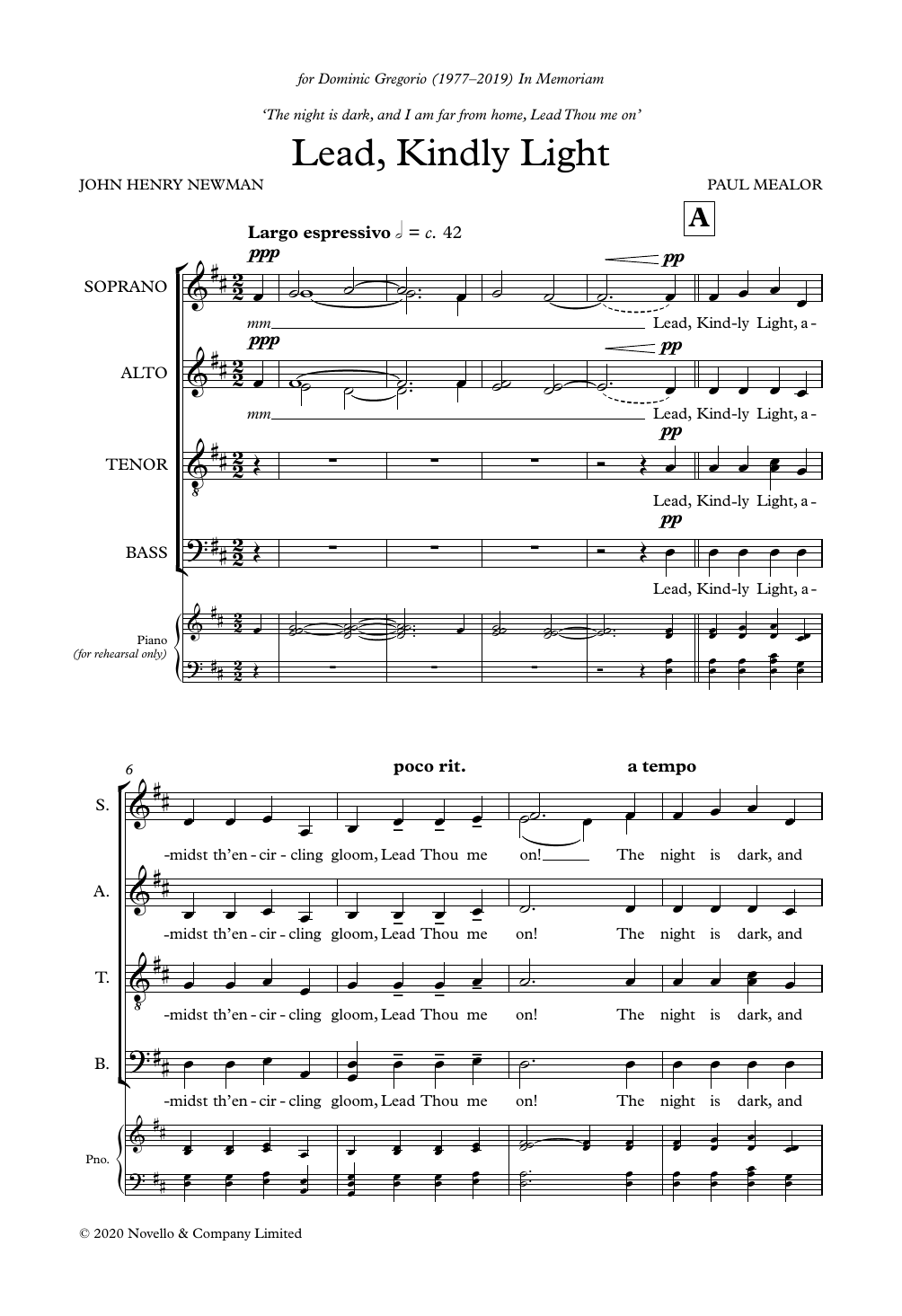 Paul Mealor Lead, Kindly Light sheet music, chords, lyrics - Printable PDF for SATB divisi Choir