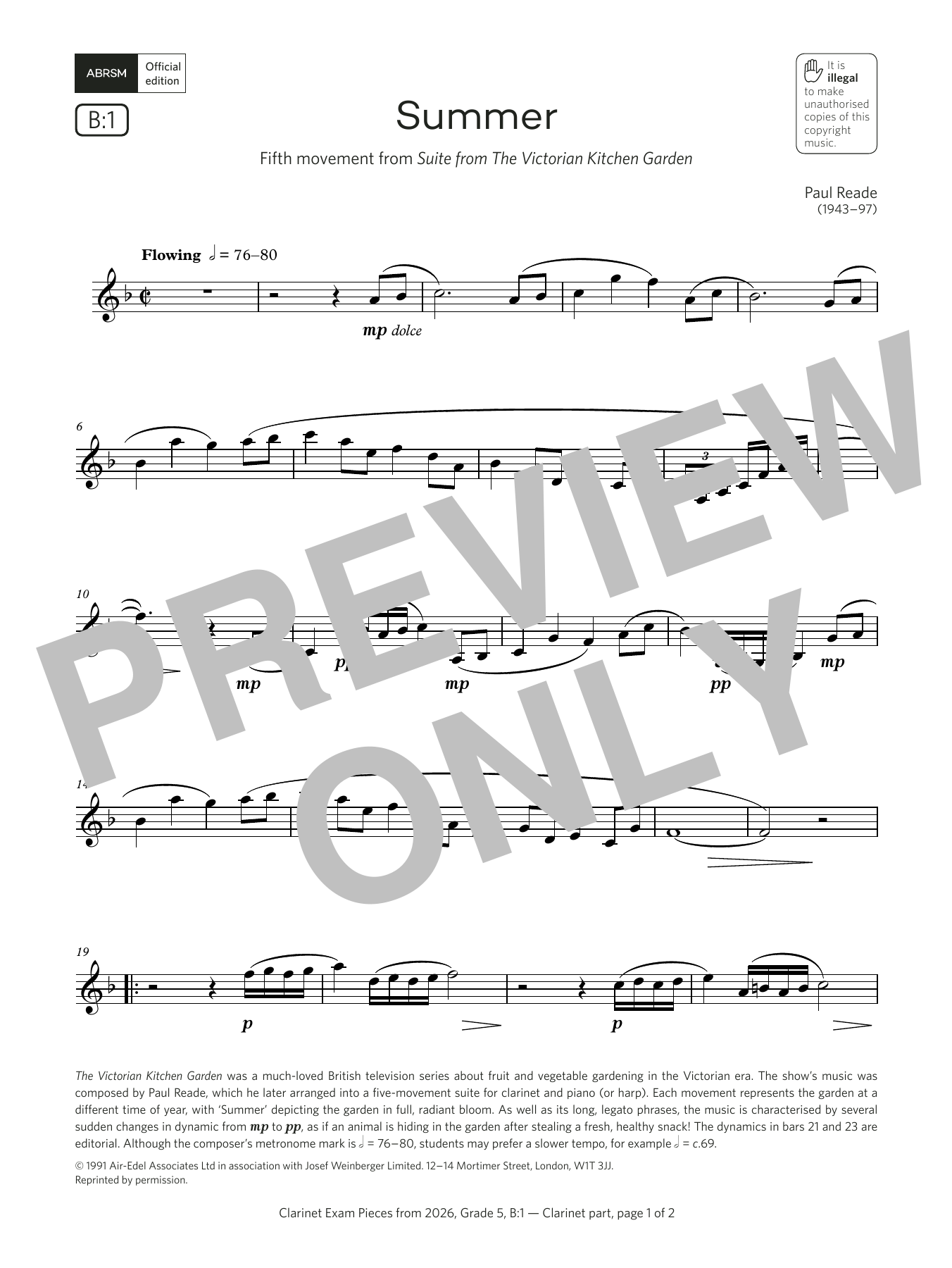 Paul Reade Summer (Grade 5, list B1, from the ABRSM Clarinet Syllabus from 2026) sheet music, chords, lyrics - Printable PDF for Clarinet Solo