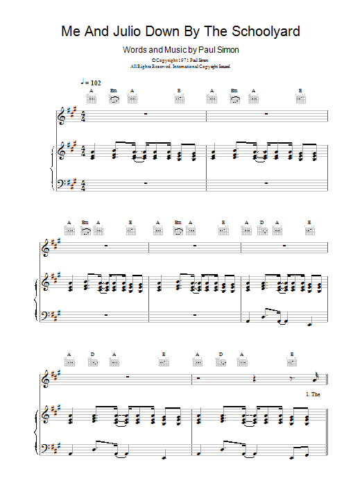 Download Paul Simon Me And Julio Down By The Schoolyard sheet music notes and chords for Piano, Vocal & Guitar - Download Printable PDF and start playing in minutes.