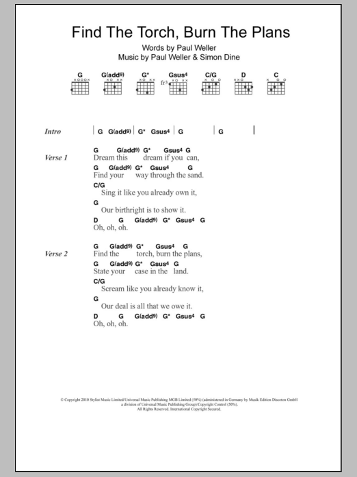 Paul Weller Find The Torch, Burn The Plans sheet music, chords, lyrics - Printable PDF for Lyrics & Chords