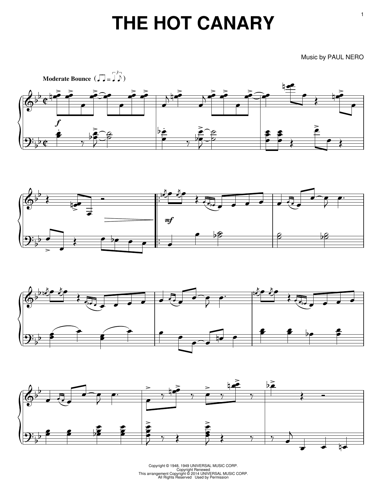 Paul Weston and His Orchestra The Hot Canary sheet music, chords, lyrics - Printable PDF for Piano