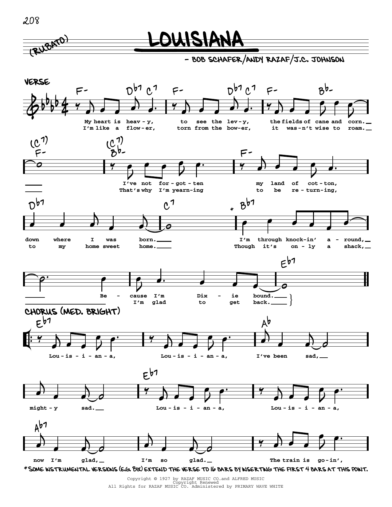 Paul Whiteman & His Orchestra Louisiana (arr. Robert Rawlins) sheet music, chords, lyrics - Printable PDF for Real Book – Melody, Lyrics & Chords