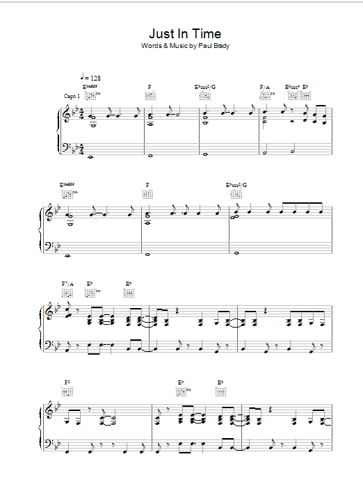 Paul Brady Just In Time sheet music preview music notes and score for Piano, Vocal & Guitar including 10 page(s)