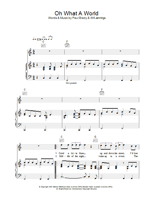 Learn to play Paul Brady Oh What A World sheet music for Piano, Vocal & Guitar in minutes. Paul Brady Oh What A World sheet music preview music notes and score for Piano, Vocal & Guitar including 7 page(s)
